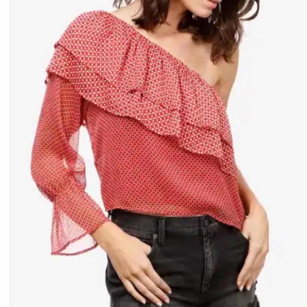NWT Lucky Brand One Shoulder Ruffle Printed Red Top